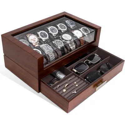 Wholesale High End Walnut Wooden Watch Display Box Double Layer Men Watch Organizer Case with Glass Lid