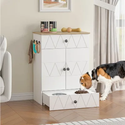 Modern Pet Feeding Station with 2 Elevated Dog Bowls Two Accent Dog Food Storage Cabinet with Drawer and Hooks