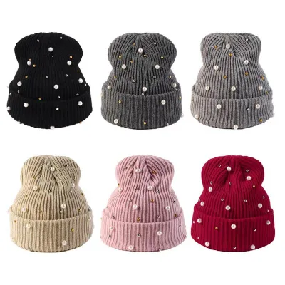 Fashion Ladies Pearl Rhinestone Decor Knitted Beanie Soft Rib Cuff Winter Warm Beanie Hat Women Daily Street Beanies