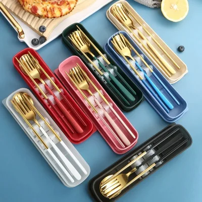 Modern Bulk Travel Korean Black Gold Stainless Steel Cutlery Flatware Set with Packaging