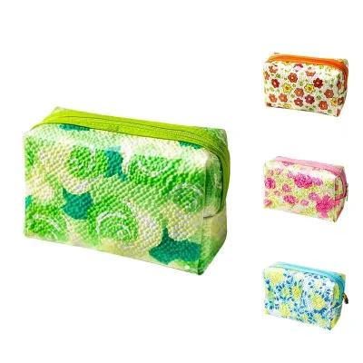 For Vintage Floral Print PU Fashion Bubble Fabric Lightweight Cute Zipper Makeup Pouch Cosmetic Bag Unisex Lipstick Sundries