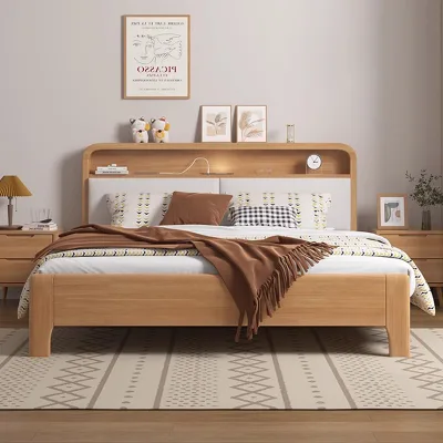 Modern European Design Solid Wood Large Double Bed Queen Simple Soft Home Bed Frame Hotel Wedding Headboard Storage Charging