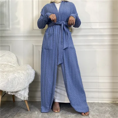 2025 Eid New Coming Breathable Fabric Twist Pattern Long Open Style With Side Pocket Muslim Woman Keep Warm Winter Abaya