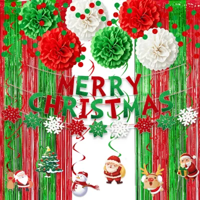 Christmas Party Decorations Bunting Garland Paper Pom Poms Tinsel Curtain Banner Xmas Party Supplies