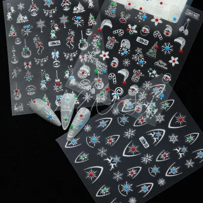 2026 Embossed Christmas Nail Art Stickers White French Style Snowflake 5D Self-adhesive Non-Toxic DIY Press Nail Decals