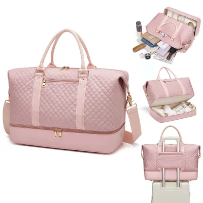2024 Reasonable Price Quilted Puffer pink Women Travel Duffel Bag for Bath Travel Sling Bag with Shoe Compartment