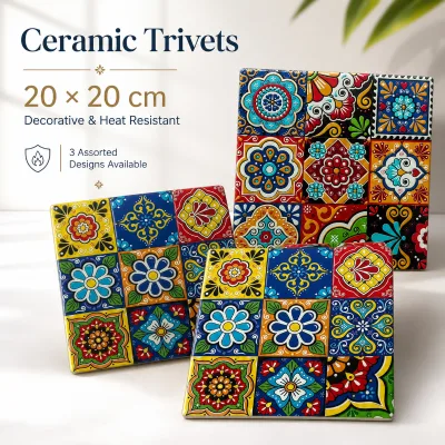Creative Mexico Talavera Large Ceramic Tile Trivet,Uv Printed Mexican Traditional Art Floral Print Cork Trivet Mat for Crock Pot
