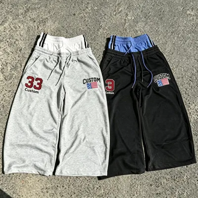 Custom 500 Gsm Heavyweight Baggy Men Sweatpants Screen Printing Applique Embroidery Wide Leg Double Waist Sweatpants for Mens