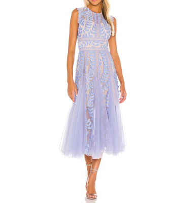 Custom Woman Mesh Flower Inlay Fit and Flare Crew Neck Sleeveless Midi Dress