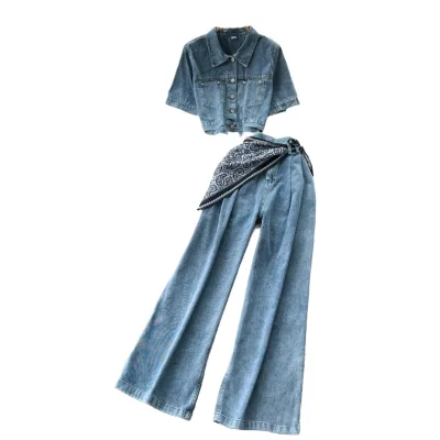 Women's Summer Sets Top and High Waist Denim Two Piece Set Solid Pattern Woven One Women's Loose Pants Set