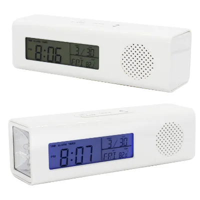 Home Bedroom Portable Mini Handheld Travel FM Radio Speaker LED Flashlight Calendar Alarm Clock