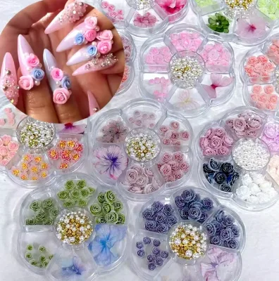 Missgooey Hot Selling Summer 7-grid Plum Blossom Box Mixed Nail Jewelry Resin Flower Jewelry 3D Design Acrylic Jewelry