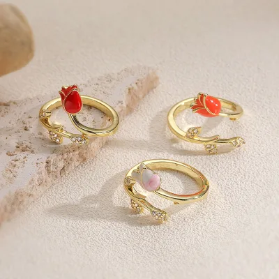 Women's Trendy Gold-Plated Tulip Copper Ring Resizable for Wedding Engagement Anniversary Party Gift