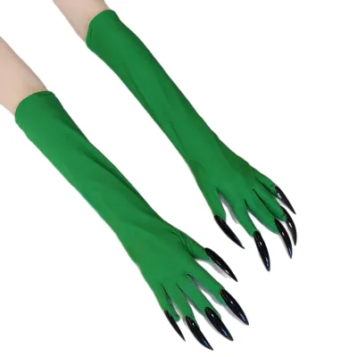 Halloween Magic Bad Witch Green Black Long Waterproof Cotton/Spandex Gloves Nails Performance Costume Wizard Ghost Festival