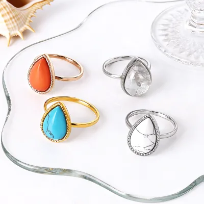 New Arrival Dainty Gold Plated Stainless Steel Women Teardrop Turquoise Stone Ring for Women