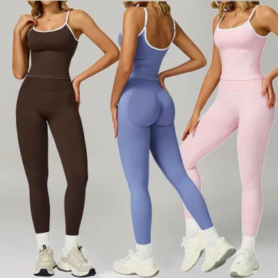 2025 Wholesale Color Contrast 2 Pieces Set High Stretchy Sports Clothing Thin Seamless Wear Breathable Quick-drying Tracksuit