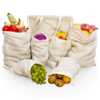 Large Premium Organic Cotton Muslin Produce Storage Bag with Printed Label