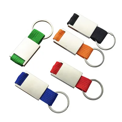 Customizable Blank Metal Keychain With Colorful Nylon Strap for Engraving Logo Personalized Promotional Gift