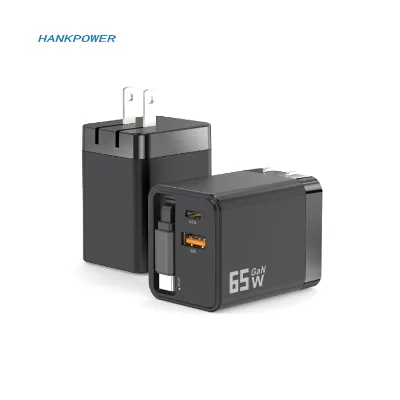 Retractable Wall Charger GaN 65W PD Fast USB C Charger with Retractable Type-C Cable for Mobile Phone Laptop Tablet