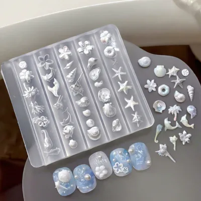 Summer Ocean Theme Portable Eco-friendly Nail Art Silicone Carving Mold Jellyfish Starfish Seashell Flower Dolphin Easy Release