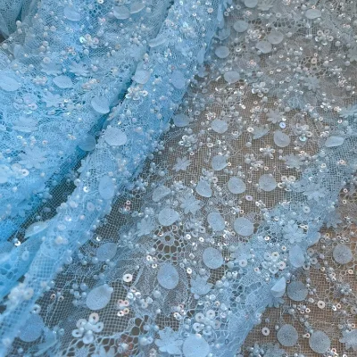 Sky Blue African Lace Fabrics Beaded for Wedding Dress