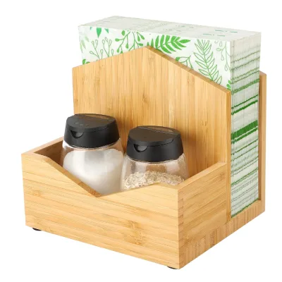 Natural Wooden Napkin Storage Holders Standing Kitchen Bamboo Napkin Holder With Spice Rack