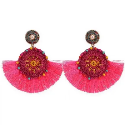 new green silk thread long dangle fan shaped tassel earrings boho handmade fringe earrings for women jewelry
