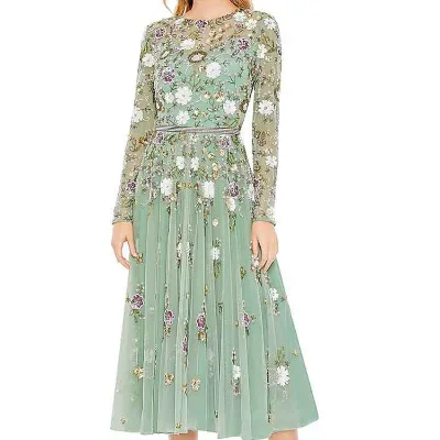 Empire Waist Beaded Silk Dress Sequins Long Sleeves Sheath Formal Party Casual Dresses Summer Embroidery Design