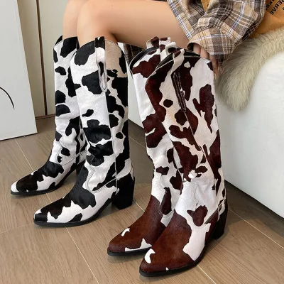 Western Style Horse Hair Cowboy Long Boots Women High Square Heels Cow Pattern Shoes V-shaped Top Knee High Booties