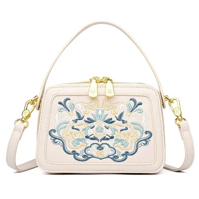 Fashion Woman Girls Embroidery Light pink Leather PU Clutch Handbag square Shoulder Crossbody Bag