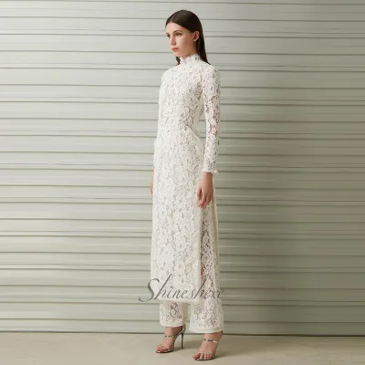 New Design High Collar Long Sleeves Sheath Lace Dress With Pants Wedding Dress Bridal Gown
