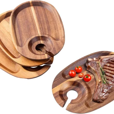Polished Acacia Wood Wine Glass Tray Disposable Appetizer Plate Dish Cocktail Tray for Western Food Steak Red Wine Cup Holder