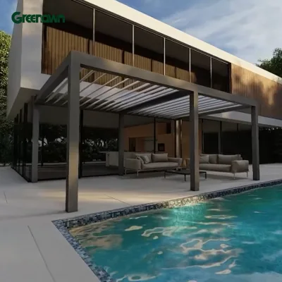 Outdoor Waterproof Sunshade Aluminum Pergola with Electric Louver Roof and Side Curtain
