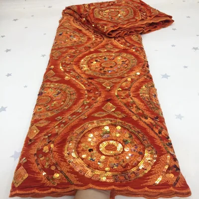 Hot Sale Orange Velvet Sequins  Tulle Lace Fabric for Party