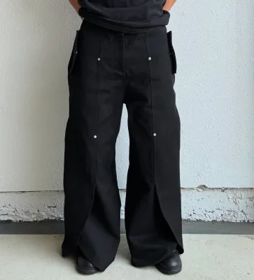 Men's Black Custom Regular Cargo Pants Double Knee Work Carpenter Denim Jeans Hip Hop Style Mid Waist Loose Fit