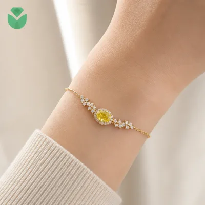 Custom Oval Cut Lab Grown Fancy Color Diamond Halo Bracelet 18K White Yellow Gold 0.67ct IGI Certified Women's