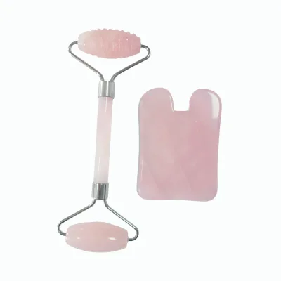 Rose Quartz Dual-Head Face Roller Set – Smooth Ball + Acupressure Spike Wheel with Gua Sha Board for Cooling & Firming Skin