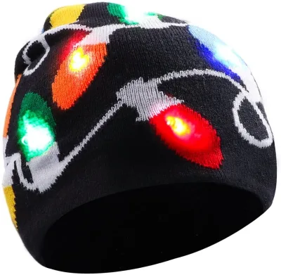 LED Light-Up Christmas Beanie Hat for Adults & Kids-Polyester Material Black Color Novelty Gift