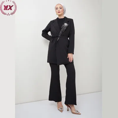 Custom Ethnic Muslim Modest Coat Pants Set Women Modest Office Suits With Diamond Beadings