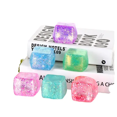 Cute Square Ice Cube Glitter Maltose Eco-Friendly TPR Material UV Printed Squeezing Toy Pressure Reduction Slow Rebound Stress