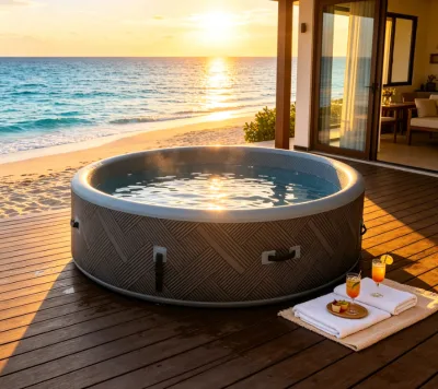 Drop Stitch DWF Inflatable Spa Tub Round Geometric Woven Texture Portable Heated Air Jet Hot Tub for Outdoor Wooden Villa Garden