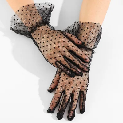 Short Sheer Tulle Lace Gloves Sun Protection Thin Mesh Gloves for Summer Wedding Dress Photoshoot Photography Prop