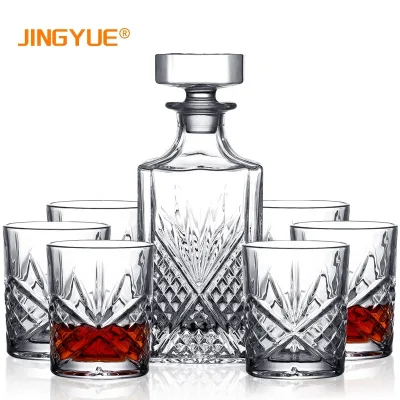 Irish Cut 750ml Crystal Square Liquor Whisky Decanter Set With 6 Double Old Fashioned Whiskey Glasses for Bourbon Brandy Rum
