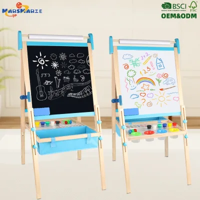 Children's Rich Accessories Wooden Multifunctional Double-sided Easel Art Drawing Board with Height Adjustable for Growing Kids