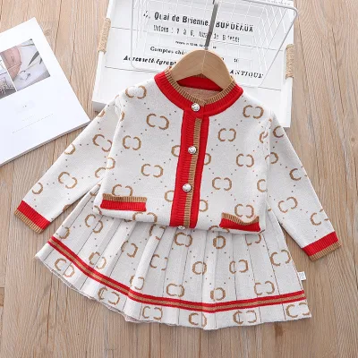 New Girls' Sweater Set Skirt Children's Dress Cotton Yarn Knitted Cardigan Half-length Skirt Two-piece Set