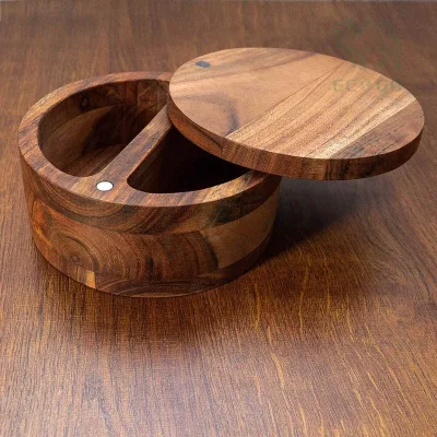Acacia Wood Salt Box With Swiveling Lid Affordable Wooden Salt Cellar 2 Side-By-Side Compartments