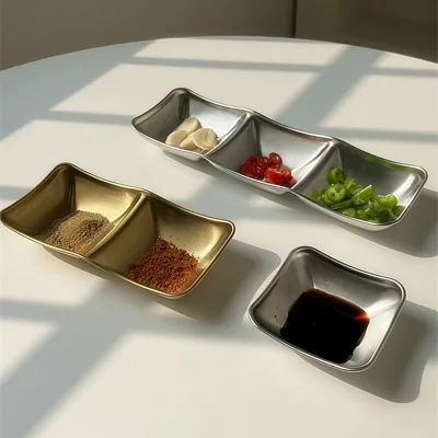 304 stainless steel flavoring dish Seasoning dish Gold two-compartment three-compartment sauce dish barbecue tableware