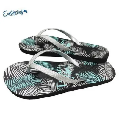 Custom Tropical Palm Print Ladies Flip-flops Bling Glitter Thong Strap Summer Outdoor Sandals With Private Logo