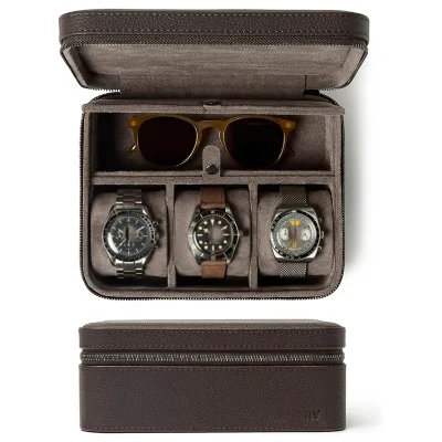 Unisex Travel Watch Case Zipper Closure Top-Grain Genuine Leather Travel Roll 3 Watch Carrying Case Luxury Leather Watch Box