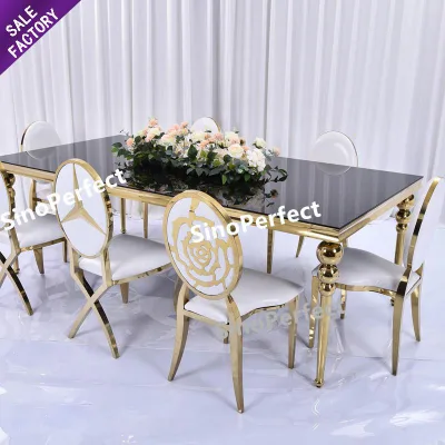 Luxury Wedding Furniture Stainless Steel Black Rectangle Top Party Chairs and Tables for Sale